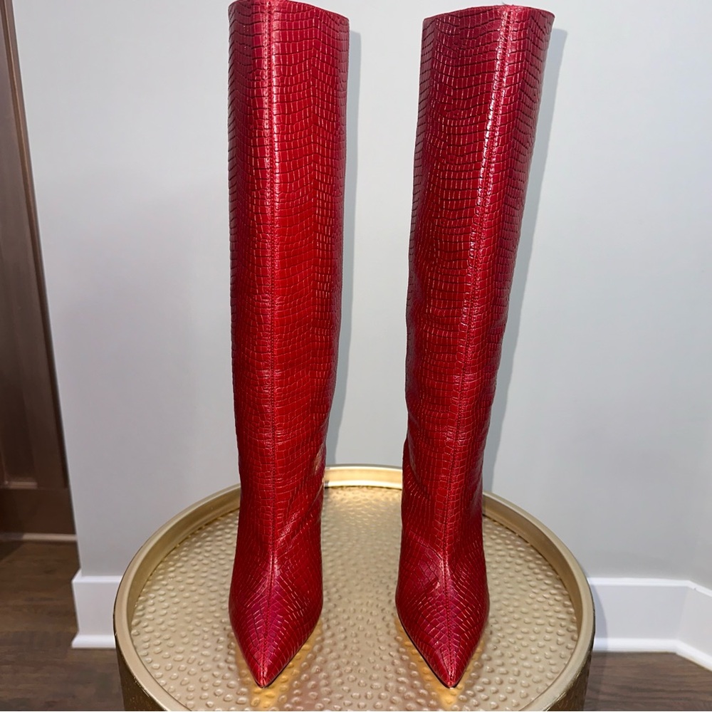 Stuart Weitzman Striking Red Croc-Embossed Tall Boots Never Worn